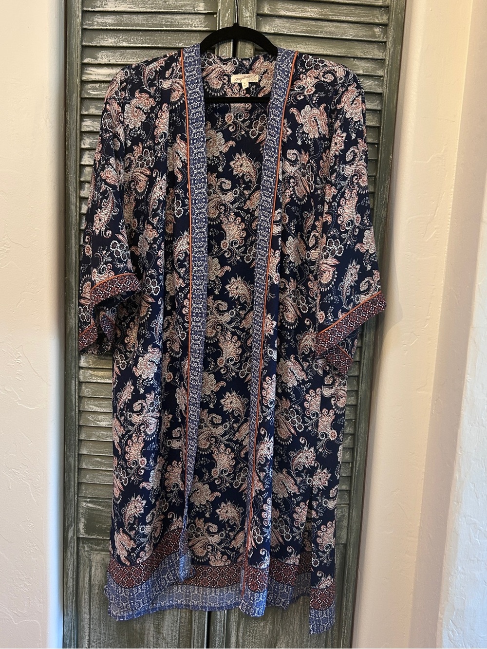 Mystree Navy Paisley Kimono with orange  and Cream Accents